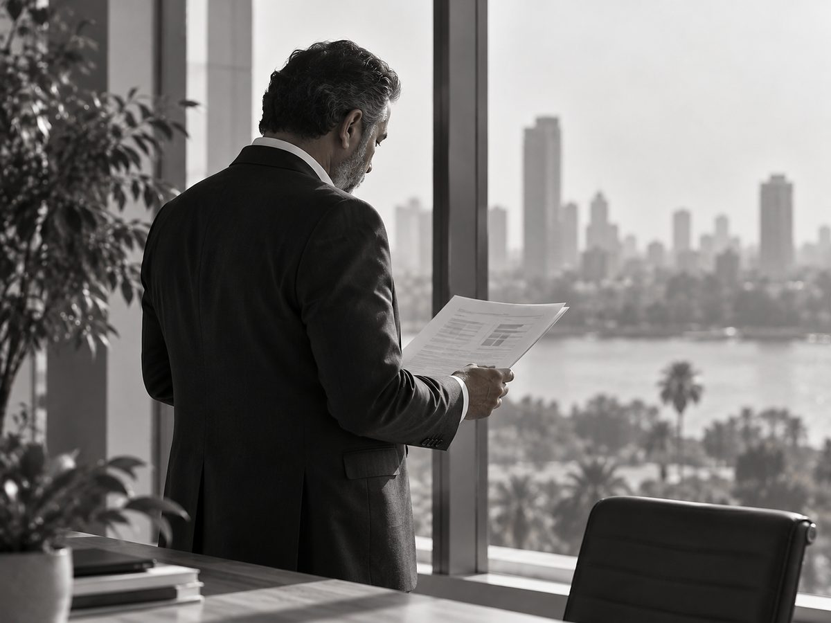 A finance manager reading a report by the window.